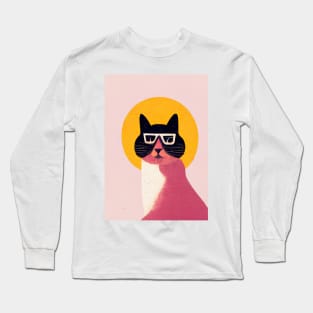 Holy Hipster Cat Retro Poster Vintage Art Cat Wall Yellow Pink Illustration Long Sleeve T-Shirt